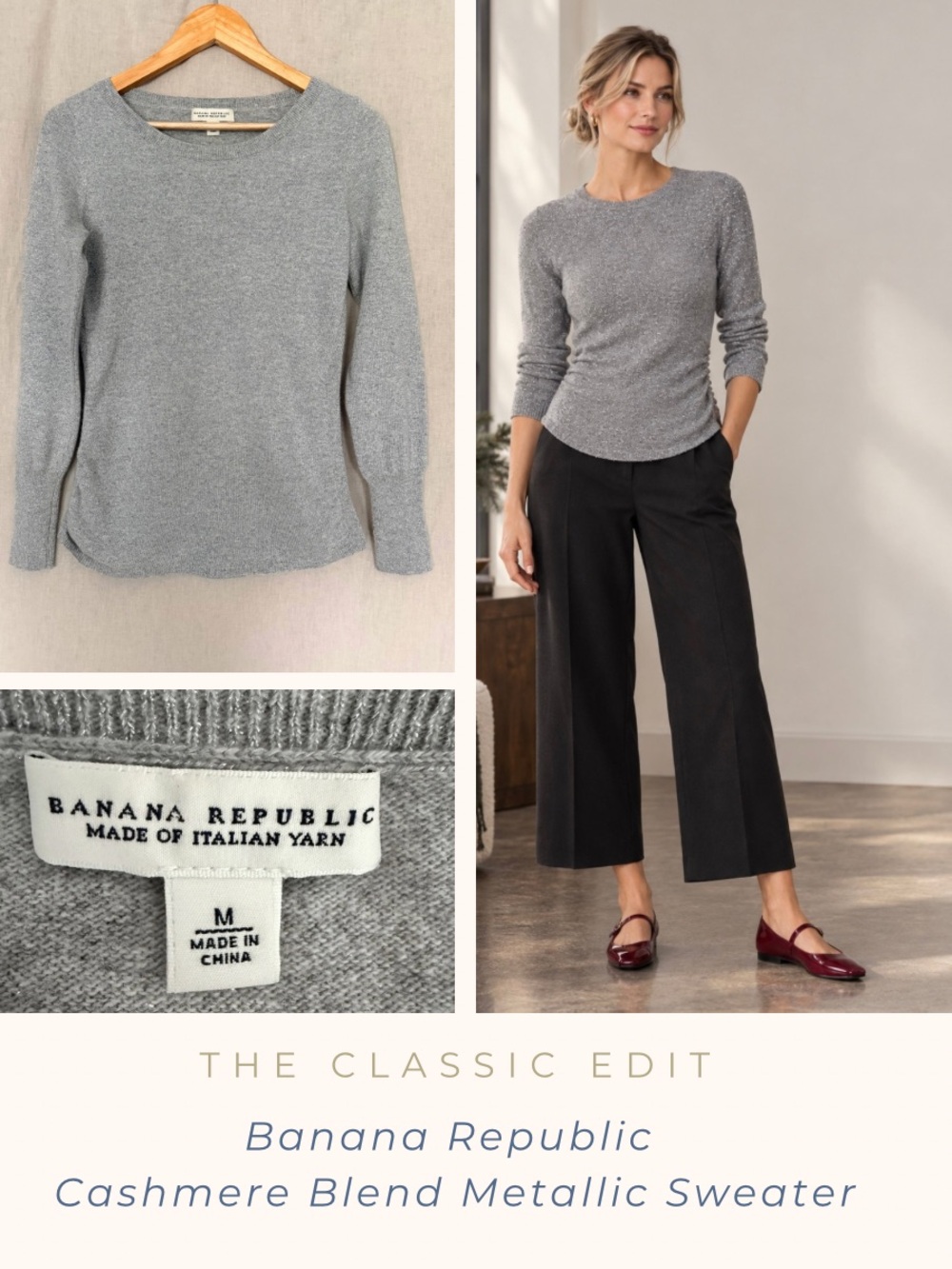 Banana Republic Silver Gray Metallic Wool/Cashmere-Blend Crewneck Sweater